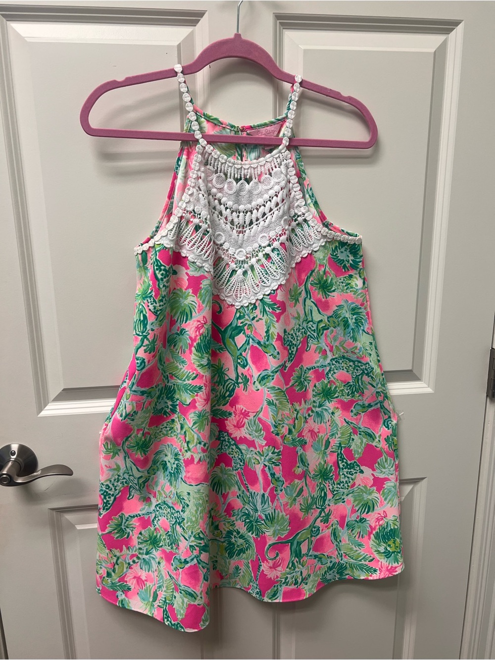 Lilly Pulitzer Pink & Green Floral Crochet Yoke Mini Dress